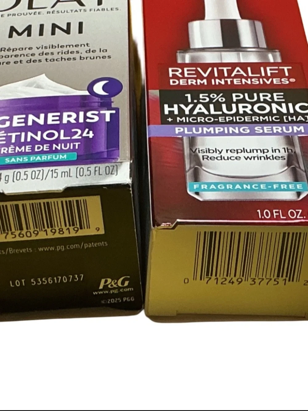 L'Oreal Revitalift Hyaluronic Plumping Serum, Olay Regenerist Retinol24 NIght